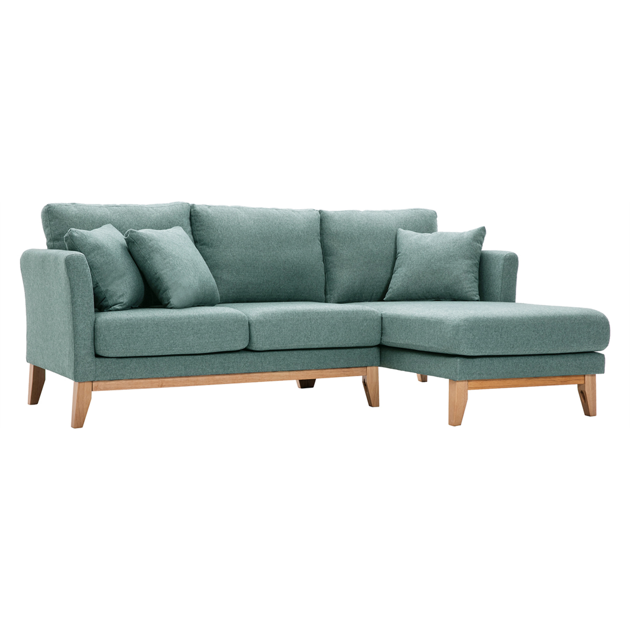 Canapé d'angle droit déhoussable scandinave 4 places en tissu vert de gris et bois clair OSLO