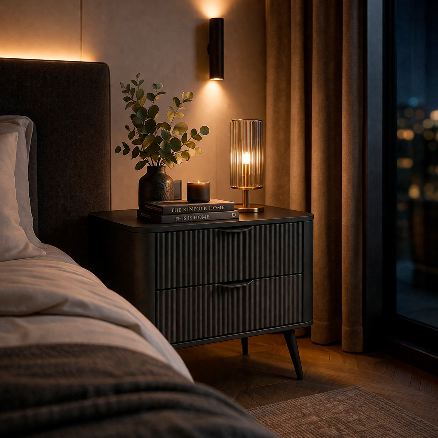 Comodino Moderno Elegante Con 2 Cassetti Capienti e Piedini Alti Camera Da Letto 63.2 x 38 x 55.3 cm Nero