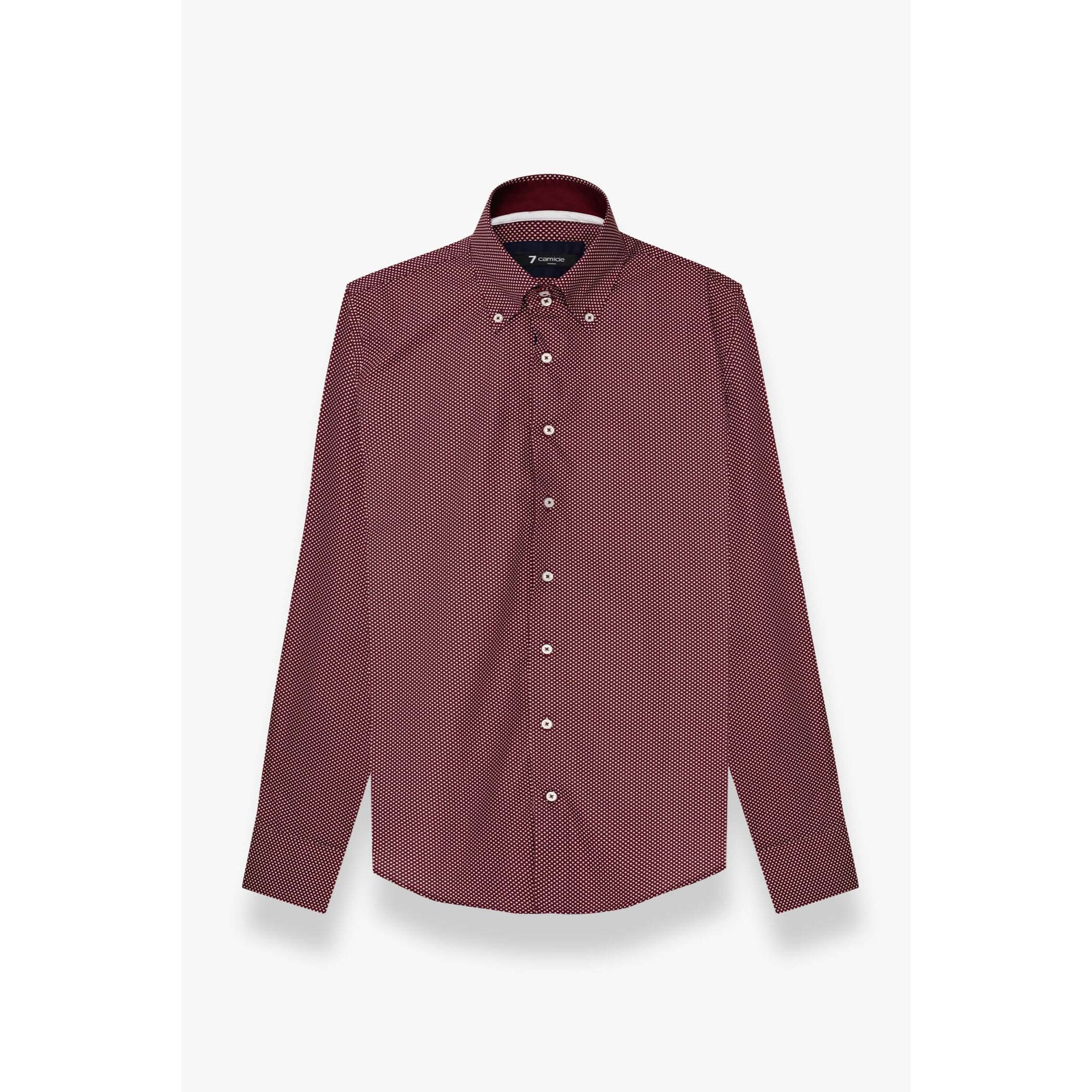 Camicia Uomo 2 Bottoni Button Down Slim Popeline Stampato Bordeaux e Panna
