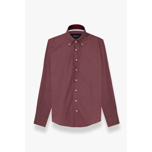 Camicia Uomo 2 Bottoni Button Down Slim Popeline Stampato Bordeaux e Panna