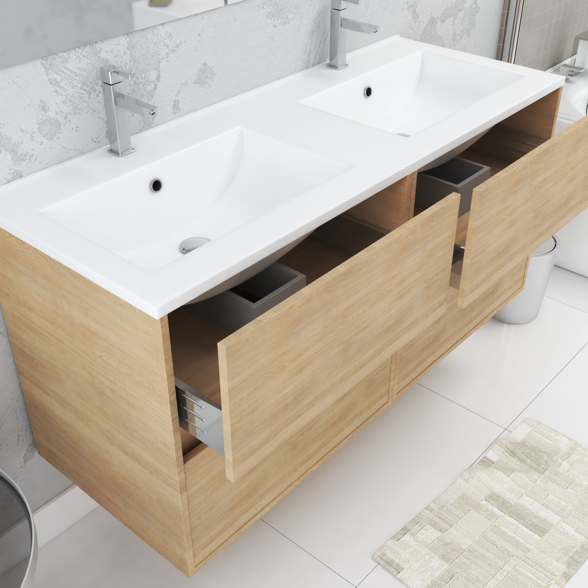 Meuble Salle de Bains 120 cm Chêne Clair 4 Tiroirs, Vasque, Miroirs 60x80 et Réglettes Led - XENOS