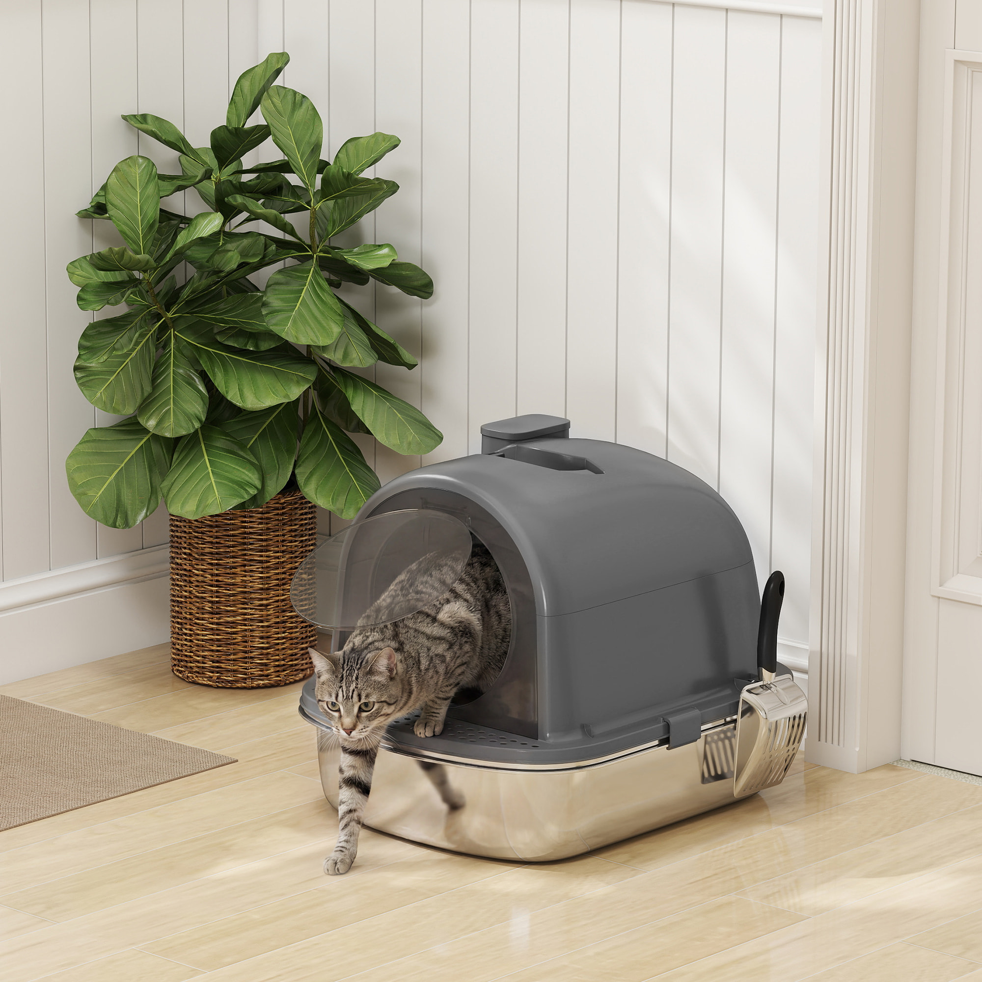 Arenero para Gatos Cubierto de Acero Inoxidable, Caja de Arena para Gatos, Arenero con Bolsa Desodorizante, Pala, Control de Olores, Antiadherente y Fácil de Limpiar, Gris Oscuro