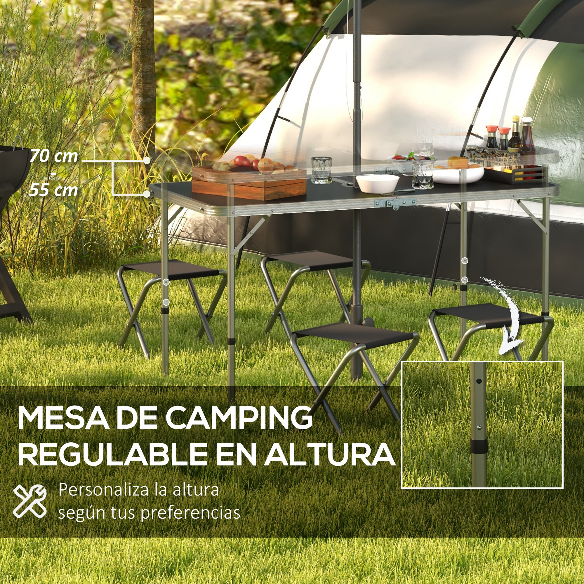 Conjunto de Camping de 5 Piezas Mesa para Camping Plegable con Sillas Incluye 1 Mesa Ajuatsble en Altura con Encimera MDF Orificio para Sombrilla 120x60x55-70 cm y 4 Taburetes Plegables Negro