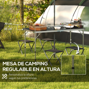 Conjunto de Camping de 5 Piezas Mesa para Camping Plegable con Sillas Incluye 1 Mesa Ajuatsble en Altura con Encimera MDF Orificio para Sombrilla 120x60x55-70 cm y 4 Taburetes Plegables Negro