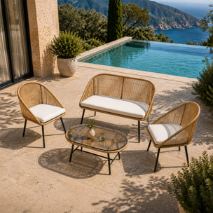 Salon de jardin 4 places avec table basse effet rotin naturel HELLO