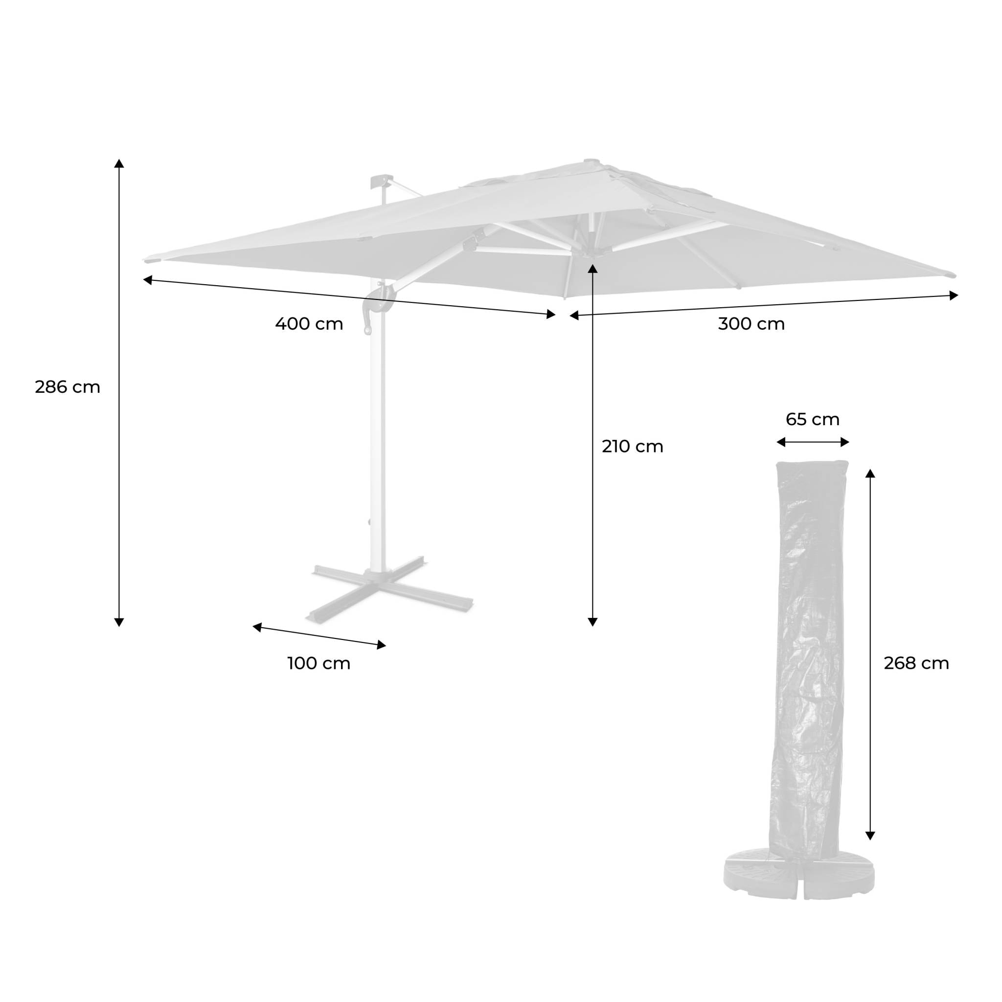 Parasol déporté haut de gamme 3x4m beige. toile en polyester teintée dans la masse. structure aluminium anodisé. housse incluse