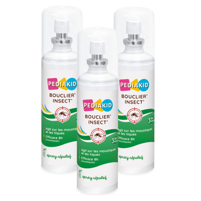 PEDIAKID - Bouclier Insect'- Spray Répulsif aux Huiles Essentielles - Contre les moustiques, tiques et guêpes - Dès 3 mois - Lot de 3 Flacons 100ml