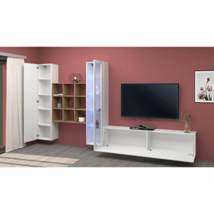 Parete attrezzata Emilio, Set salotto porta TV a 3 ante, Mobile soggiorno multiuso con vetrina e luce LED, 100% Made in Italy, cm 310x30h180, Bianco lucido e Acero