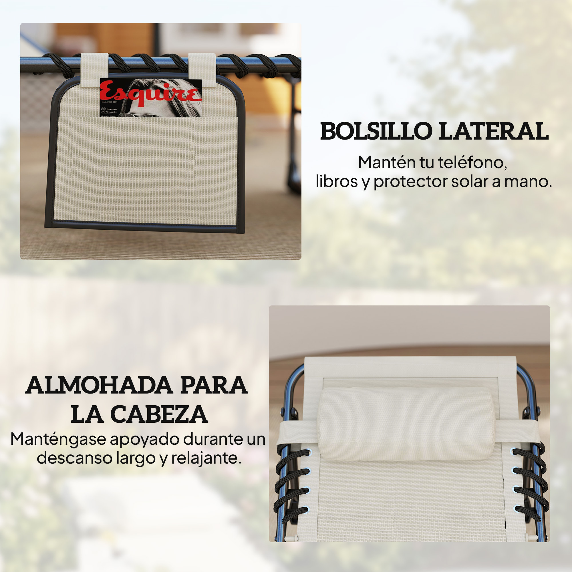 Set de 2 Tumbonas Jardín Exterior, Tumbonas Plegables con Reposacabezas y Bolsillo Lateral, Respaldo Reclinable 5 Posiciones y Asiento de Malla Transpirable para Playa, Piscina, Blanco Crema
