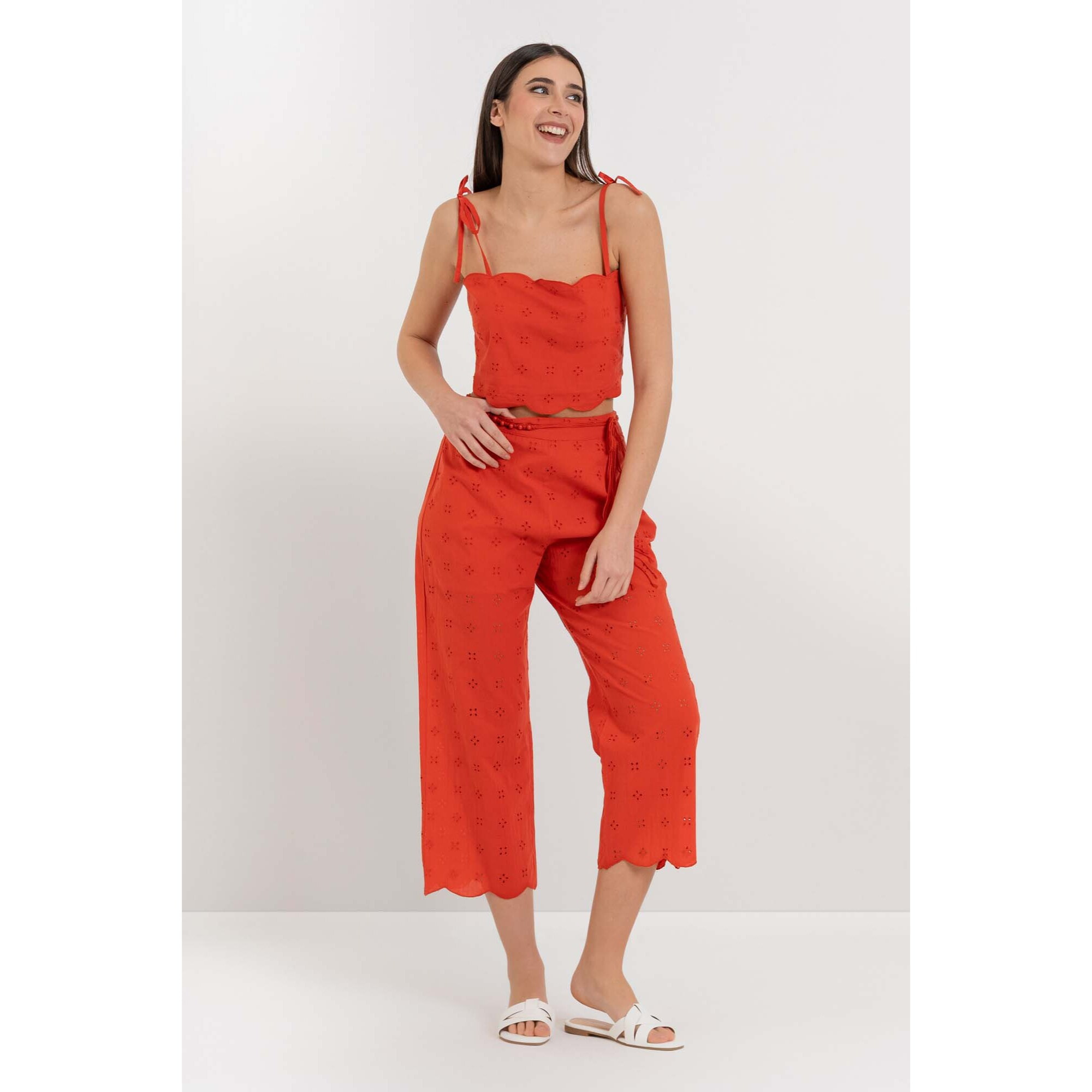 Kocca - Pantaloni ampi a vita alta in cotone traforato Donna