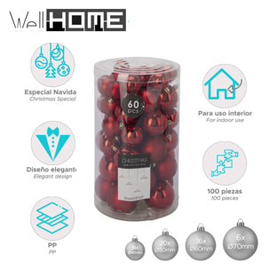 Conjunto de 60 bolas de navidad en color rojo en varios diseños y acabados