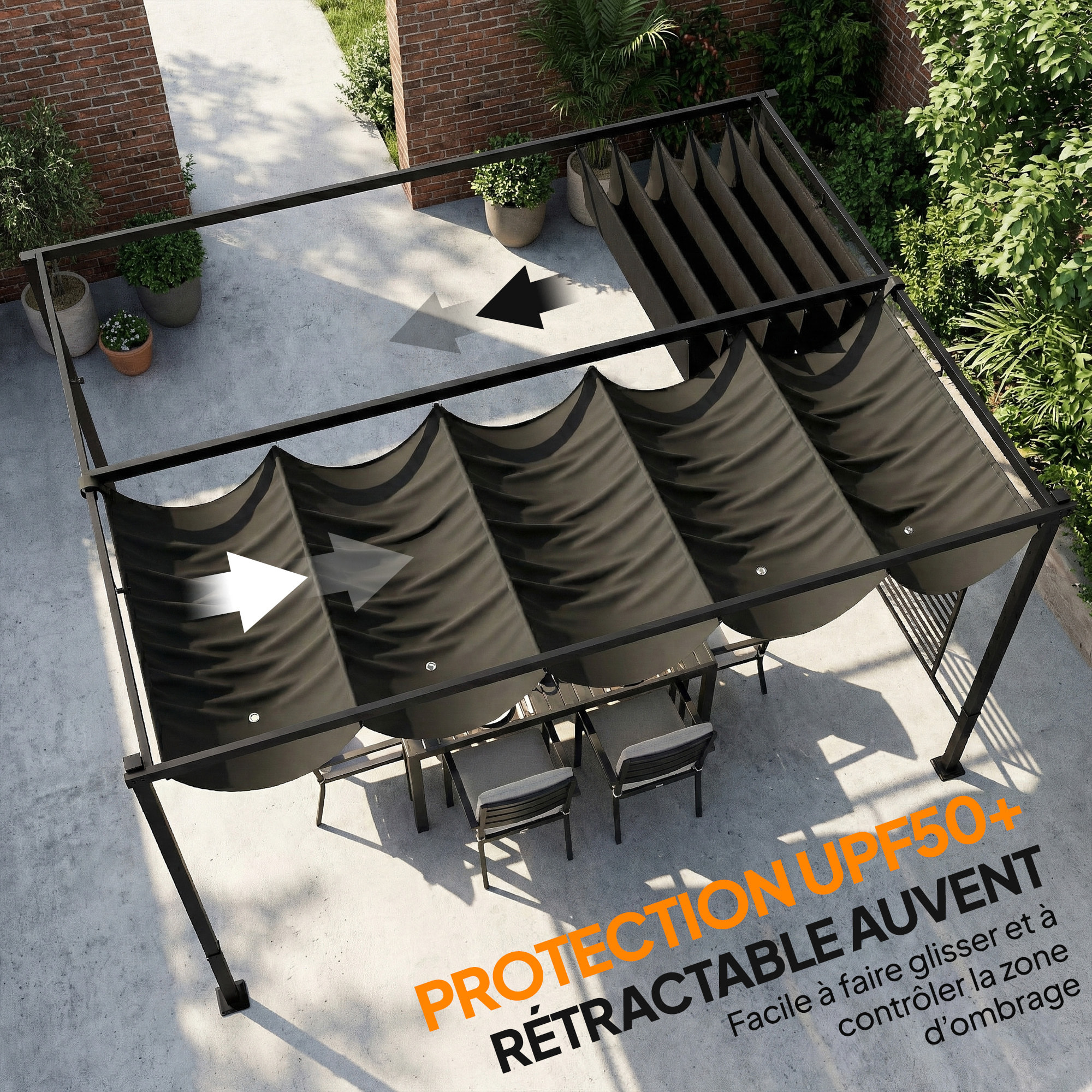 Pergola design 3x4m 2 toiles ajustables UV50+ treillis latéral acier anthracite