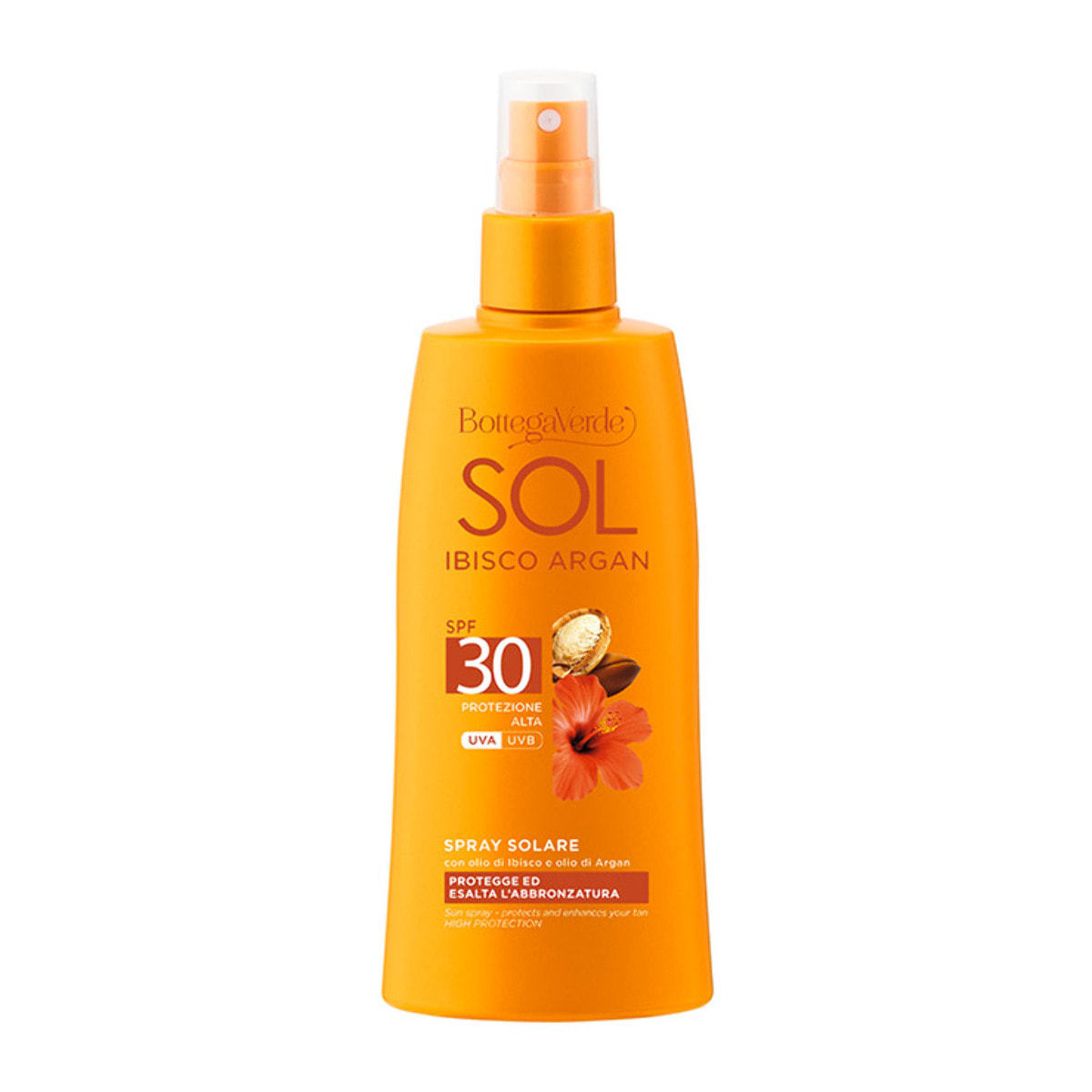 SOL Ibisco Argan - Spray solare - protegge ed esalta l'abbronzatura - con olio di Ibisco e olio di Argan - protezione alta SPF30 (200 ml)