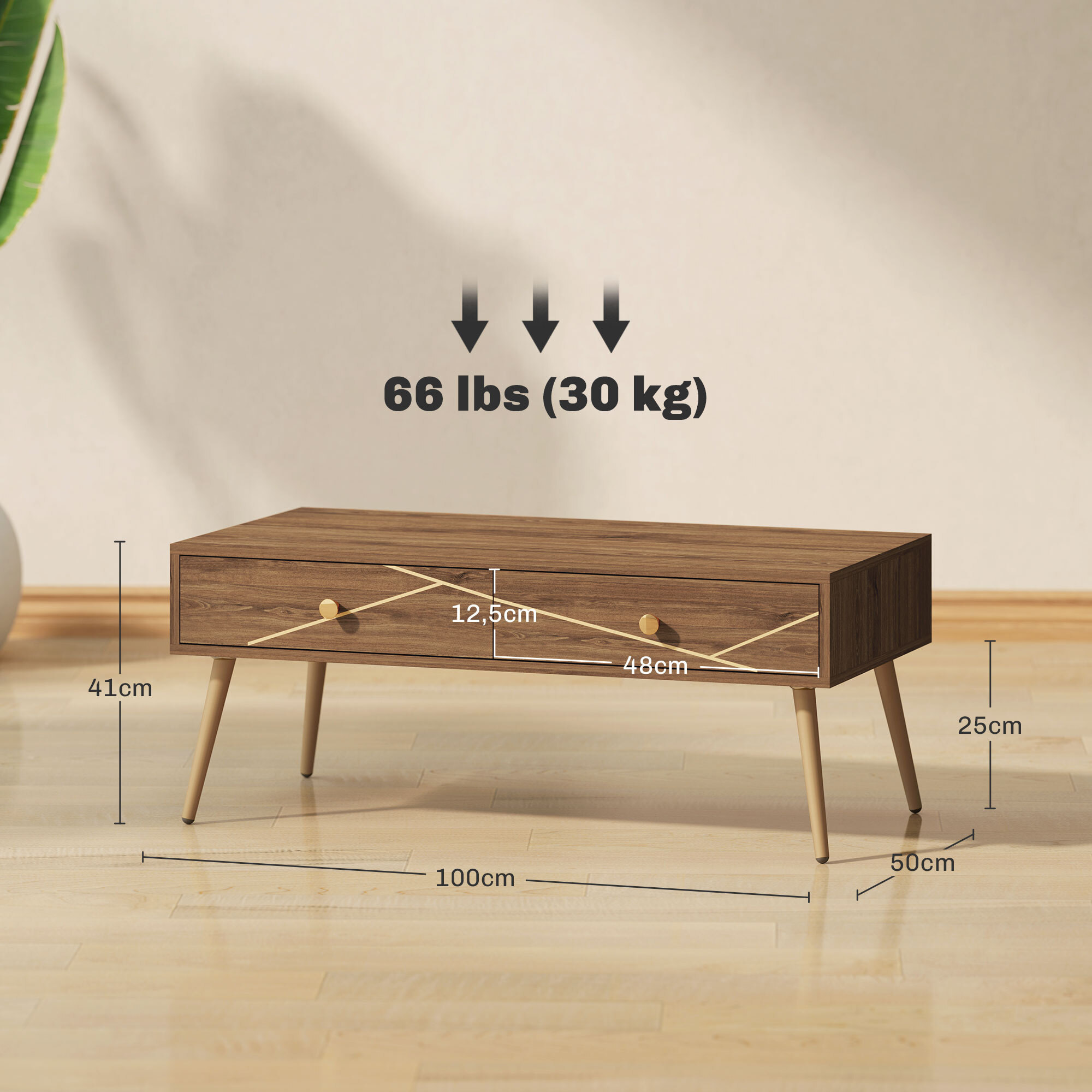 Mesa de Centro Mesa baja para Salón con 2 Cajones y Patas de Acero para Sala de Estar Dormitorio 100x50x41 cm Marrón