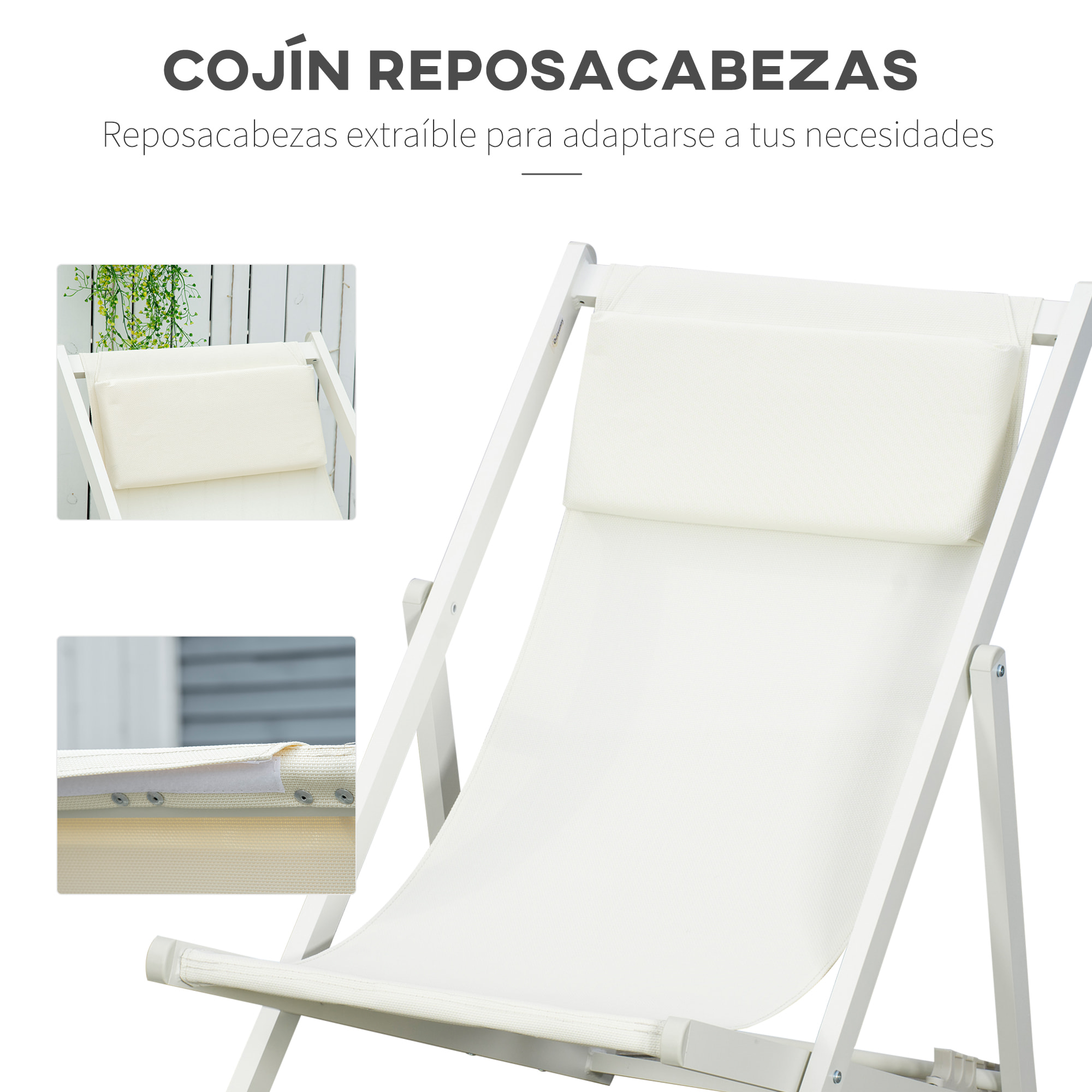 Conjunto de 2 Tumbonas Plegables de Aluminio Tumbonas de Jardín con Respaldo Regulable en 5 Posiciones y Reposacabezas para Terraza Patio Exterior 60x100x85 cm Blanco