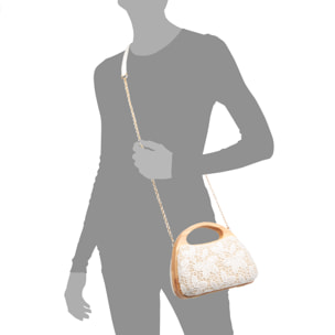 Ausa bolso de mano fabricado en madera natural, con papel trenzado y jute diseño malla de tejido floral