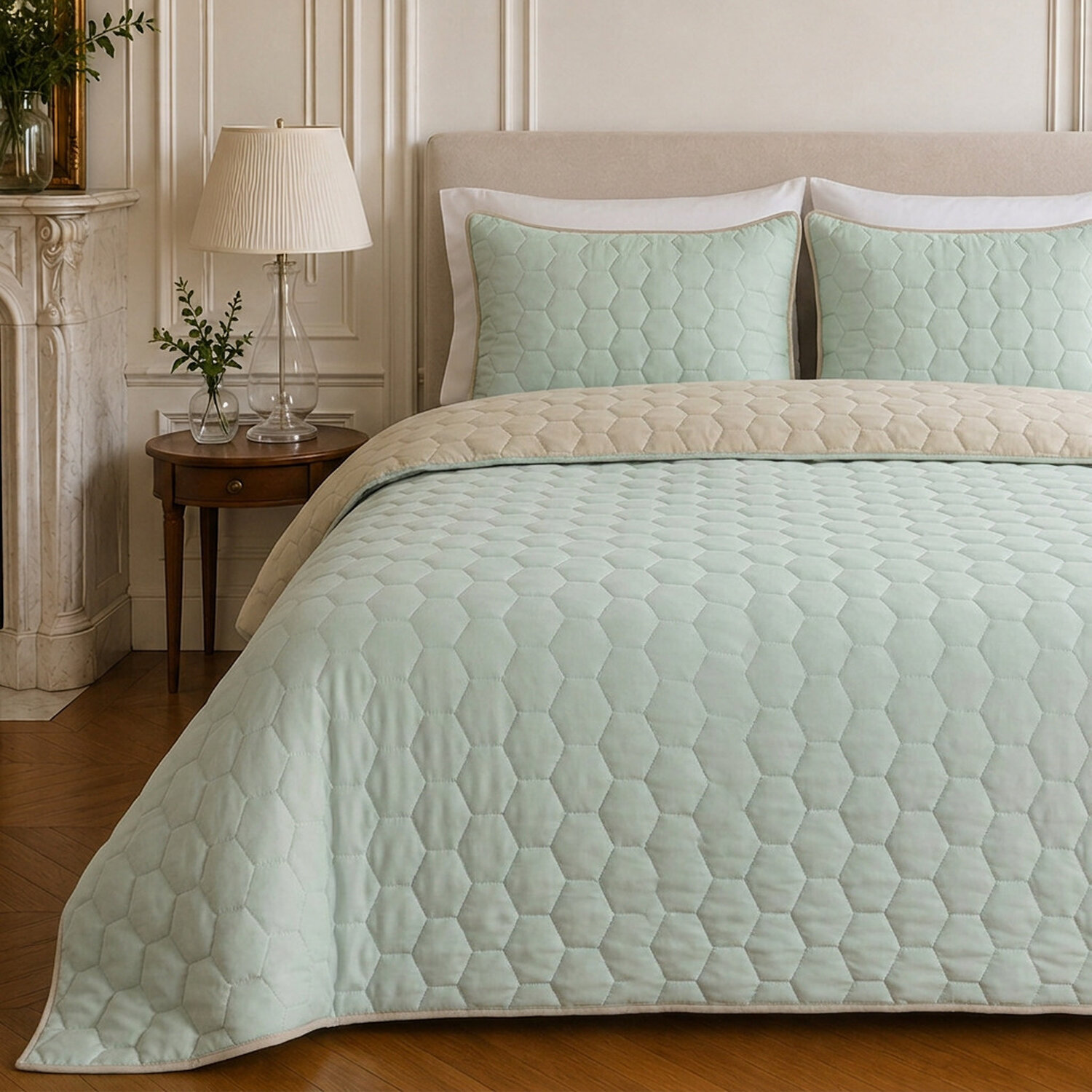 Couvre-lit matelassé réversible 100% polyester bicolore vert givrée - NAZIM