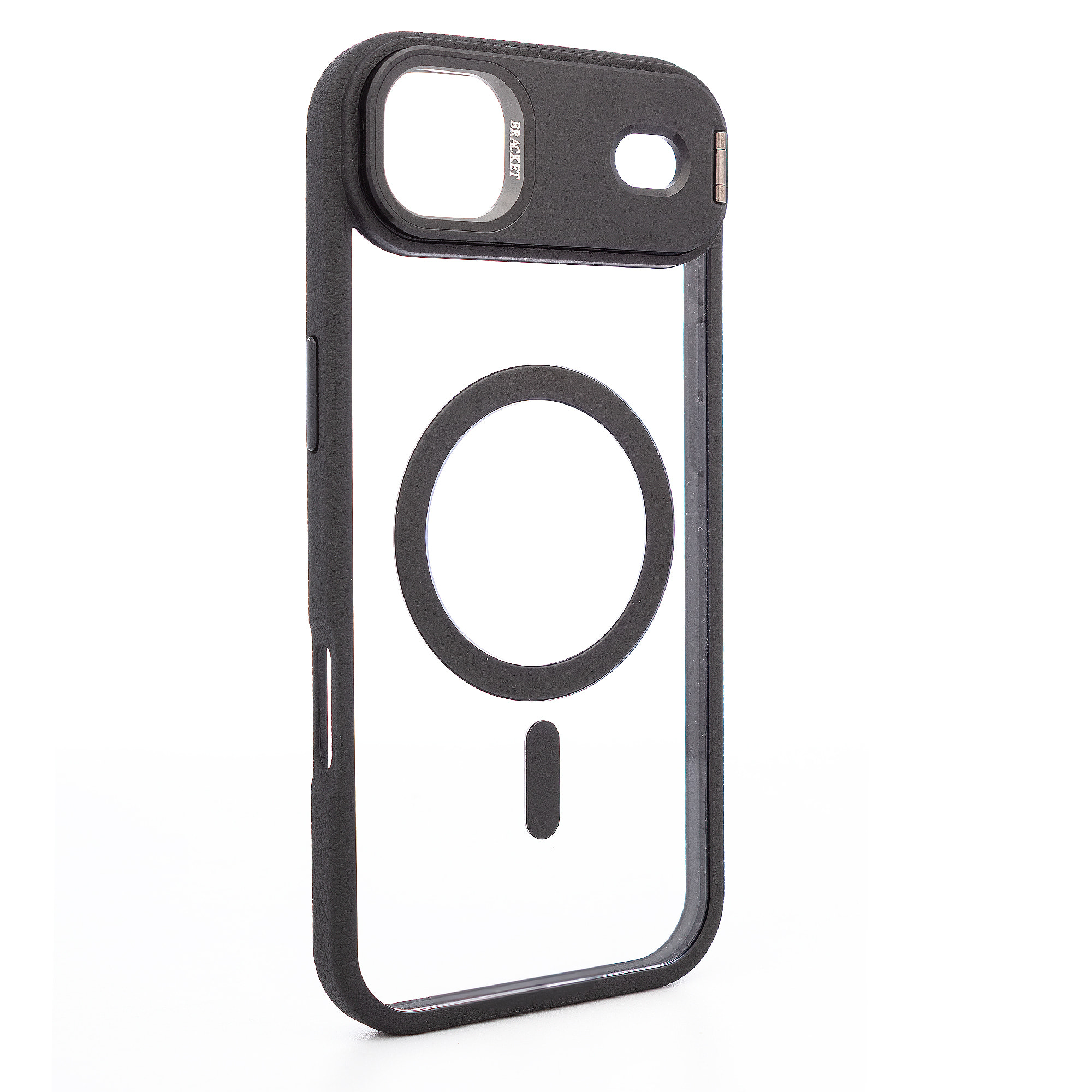 Carcasa transparente con cubierta de cámara abatible que funciona como soporte, bordes negros. MagSafe para iPhone 17 Air.