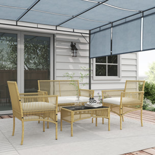 Conjunto de Muebles de Jardín de Ratán Juego de 4 Piezas Muebles de Terraza con 1 Sofá de 2 Plazas 2 Sillones Cojines y 1 Mesa de Centro de Tablero de Vidrio para Patio Natural y Beige