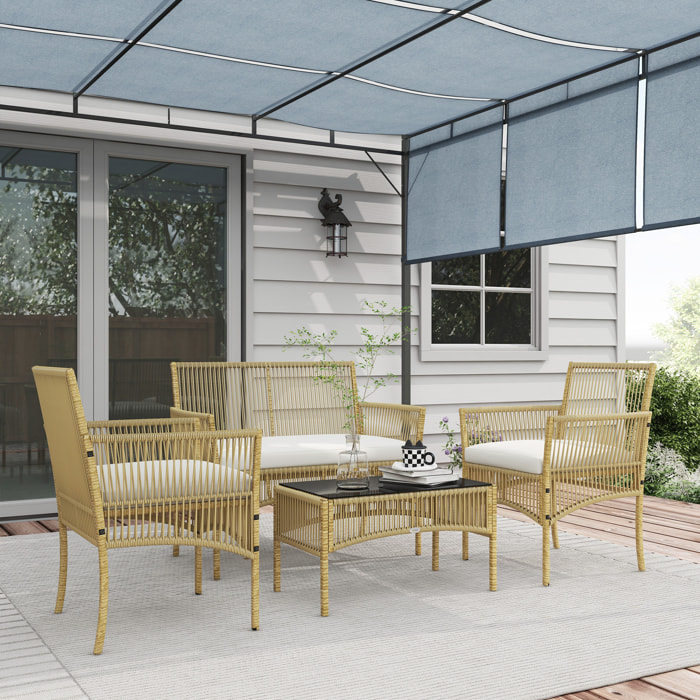 Conjunto de Muebles de Jardín de Ratán Juego de 4 Piezas Muebles de Terraza con 1 Sofá de 2 Plazas 2 Sillones Cojines y 1 Mesa de Centro de Tablero de Vidrio para Patio Natural y Beige