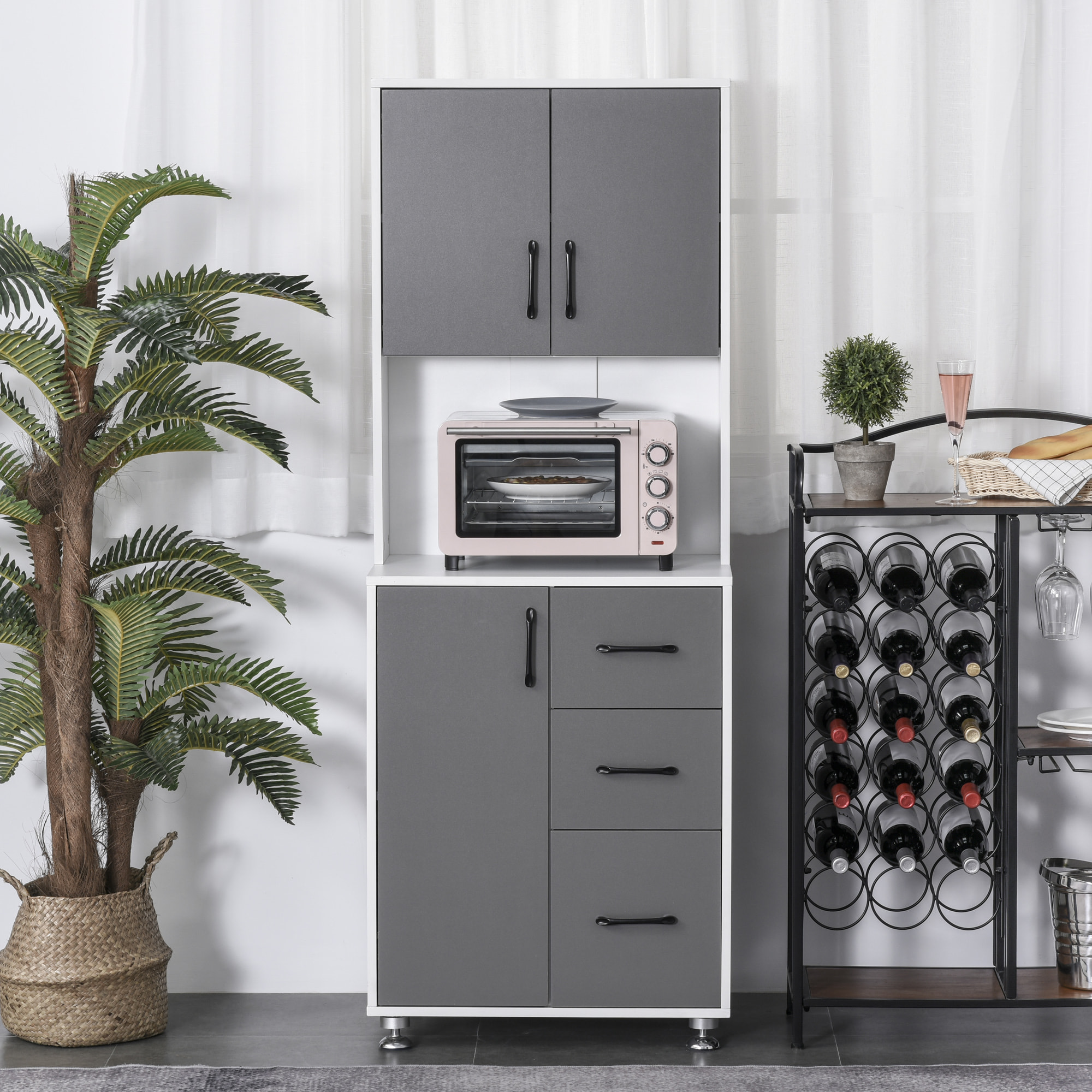 HOMCOM Armoire de cuisine multi-rangements 2 + 1 porte 3 tiroirs + grand plateau dim. 60L x 40l x 150H cm bicolore gris blanc