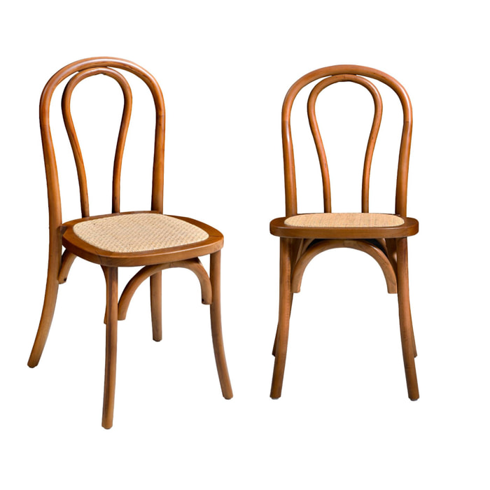Lot de deux chaises vintage en bois avec assise en rotin et dossier arrondi coloris noyer