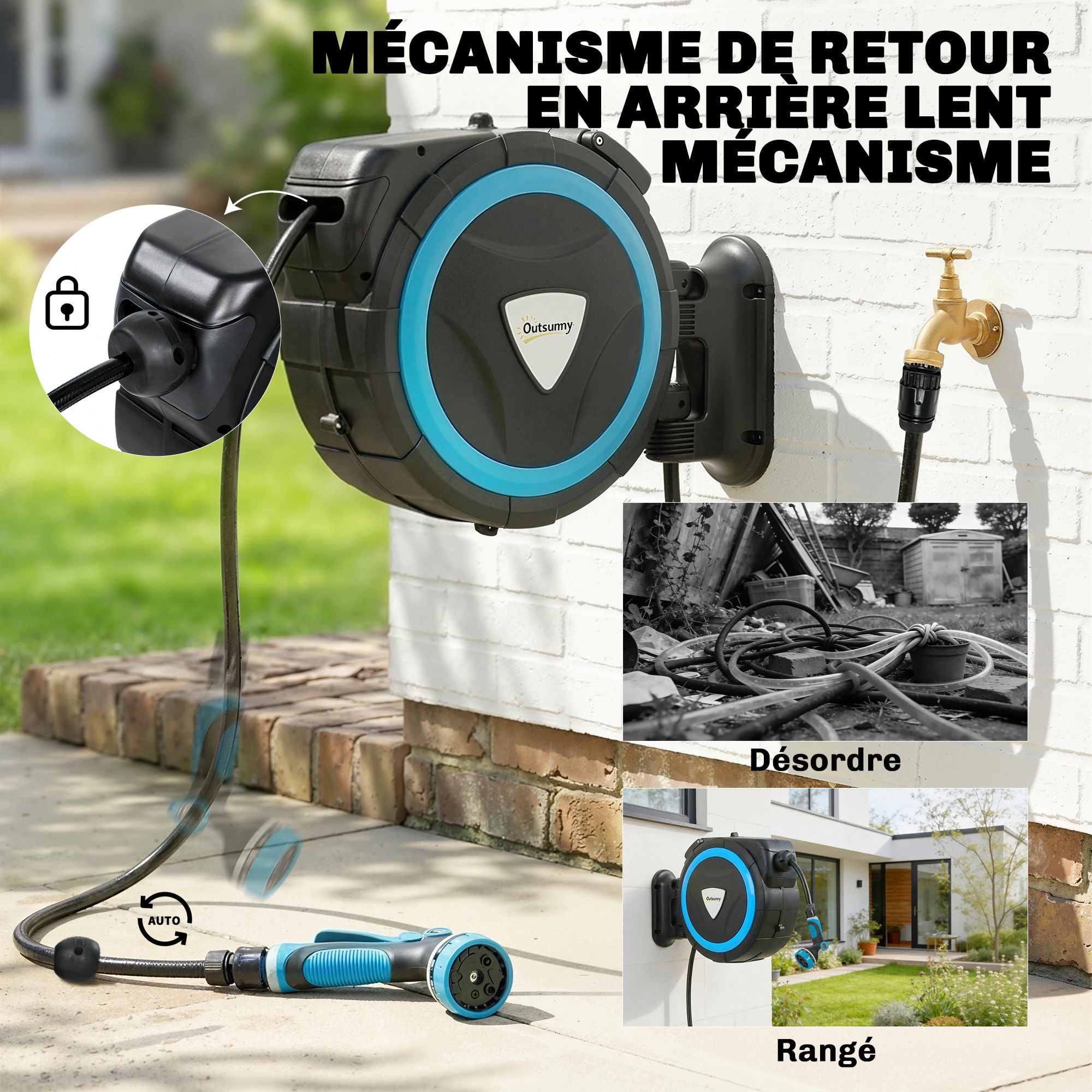 Dévidoir mural enrouleur automatique pivotant tuyau 14+1,5m avec pistolet buse et support mural