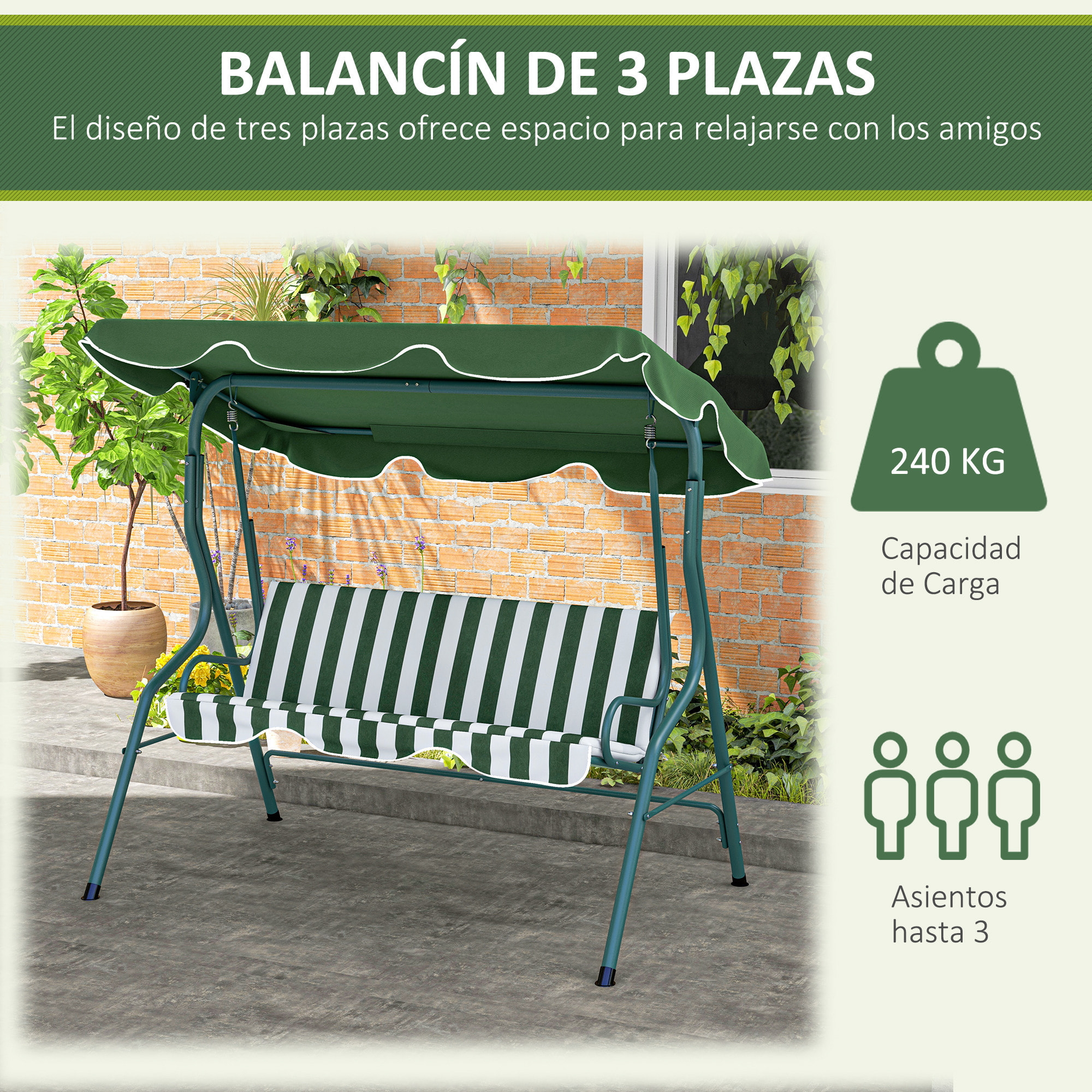 Columpio de Jardín de 2-3 Plazas, Balancín de Exterior con Toldo Ajustable en Ángulo, Impermeable y Marco de Acero, para Patio, Balcón, 170x110x153 cm, Verde