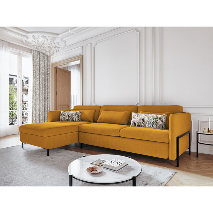 Canapé d'angle gauche convertible avec coffre de rangement "Yanis" 5 places en tissu structurel or