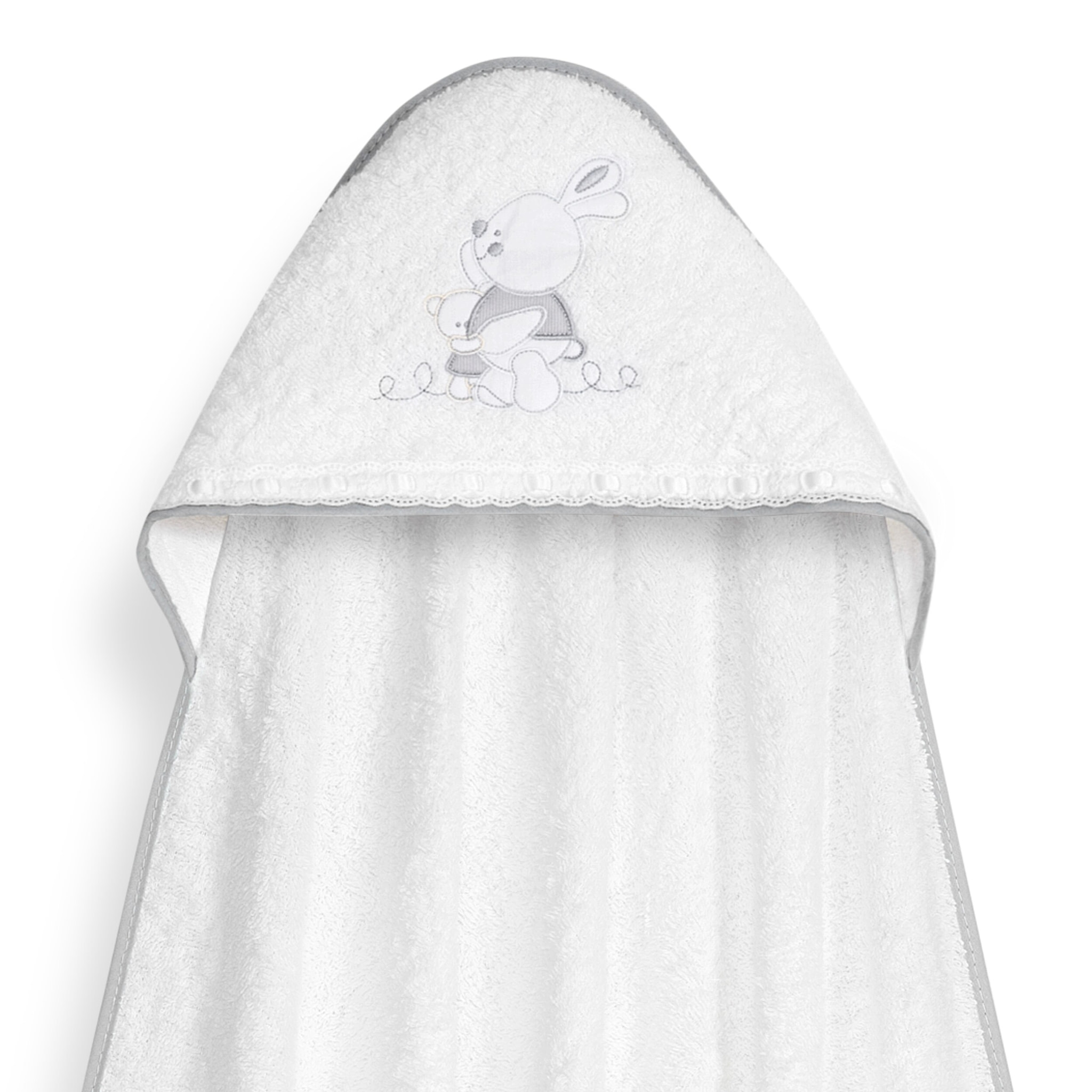 Capa Baño 1X1 Mod Conejitos Abrazos Pasacinta + Gorro Bco/Gris