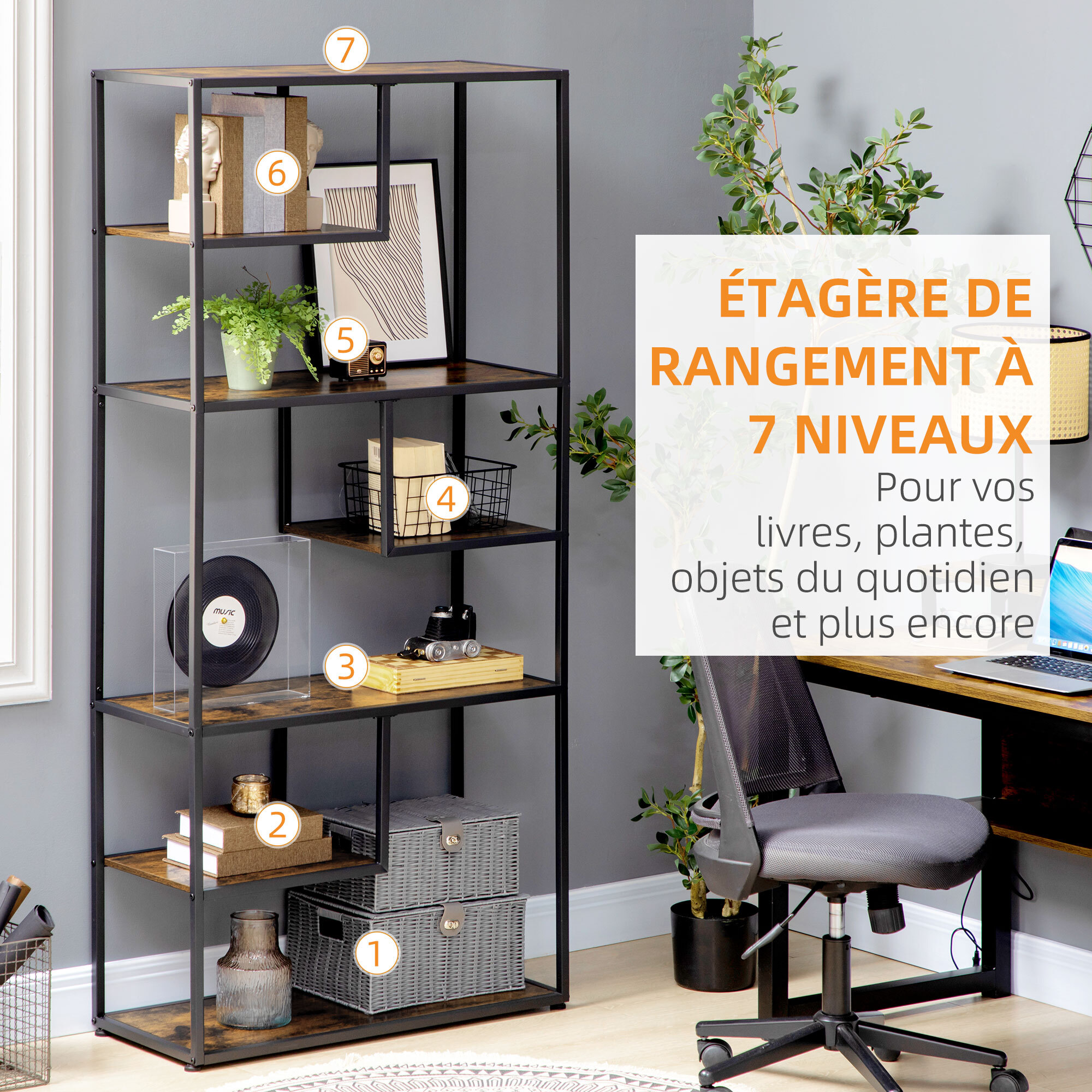 Bibliothèque étagère de rangement à 7 niveaux style industriel acier bois vieilli