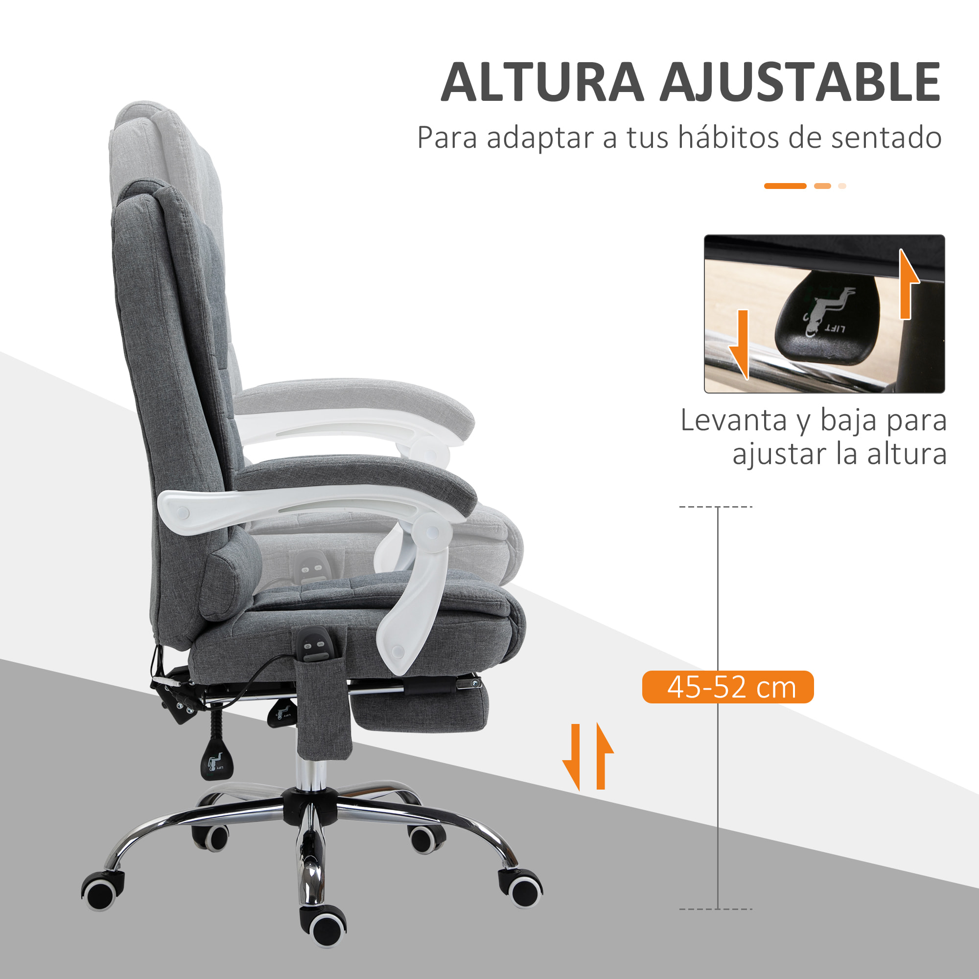 Silla de Masaje con 6 Puntos de Masaje Silla de Oficina Silla de Escritorio Reclinable con Altura Ajustable Función de Calentamiento Reposapiés y Control Remoto 65x70x111-119 cm Gris