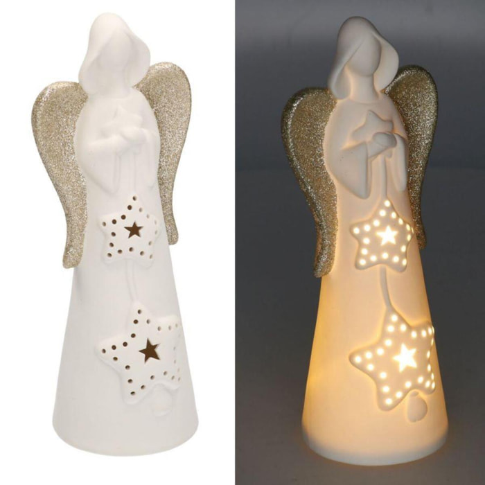 Angelo in ceramica bianco oro con led ø10,5h27,5