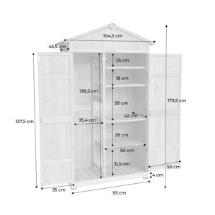 Abri de jardin 105 cm en bois. 6 espaces de rangement. L 105x P 55.5 x H 178.5cm
