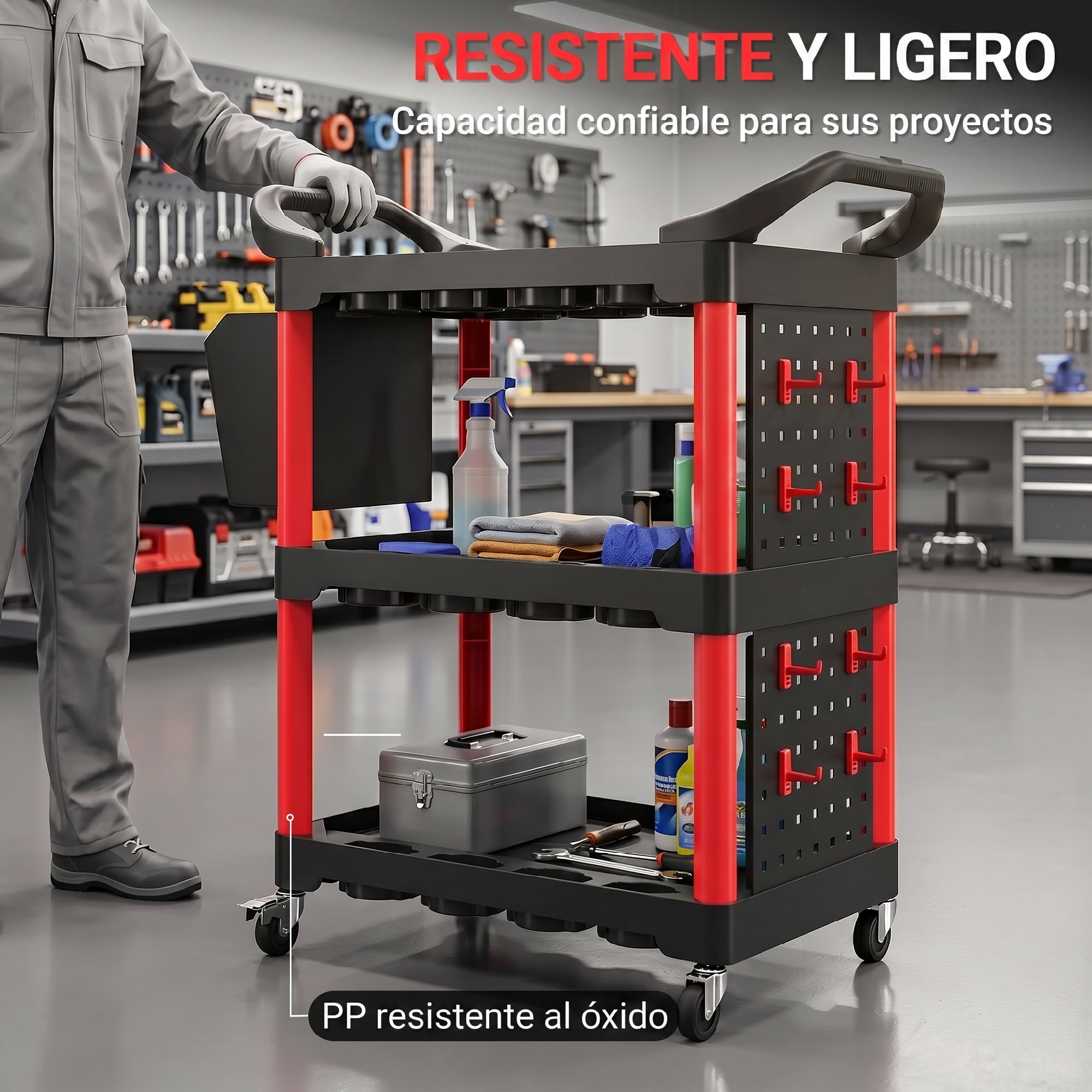 Carro de Taller de 3 Niveles, Carro de Herramientas con Paneles Perforados, Asa Lateral, Ganchos, Cubeta, para Garaje Mecánico, Hogar, Negro y Rojo