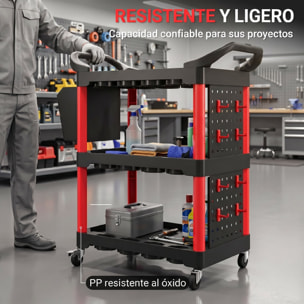 Carro de Taller de 3 Niveles, Carro de Herramientas con Paneles Perforados, Asa Lateral, Ganchos, Cubeta, para Garaje Mecánico, Hogar, Negro y Rojo