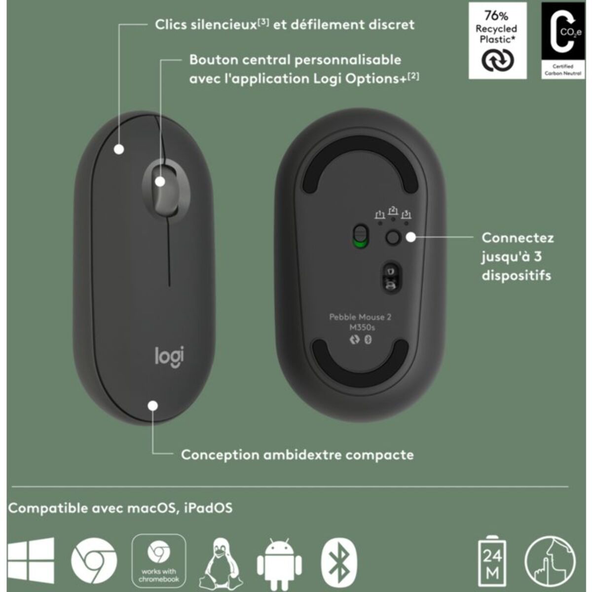 Souris sans fil LOGITECH Pebble 2 M350s Graphite