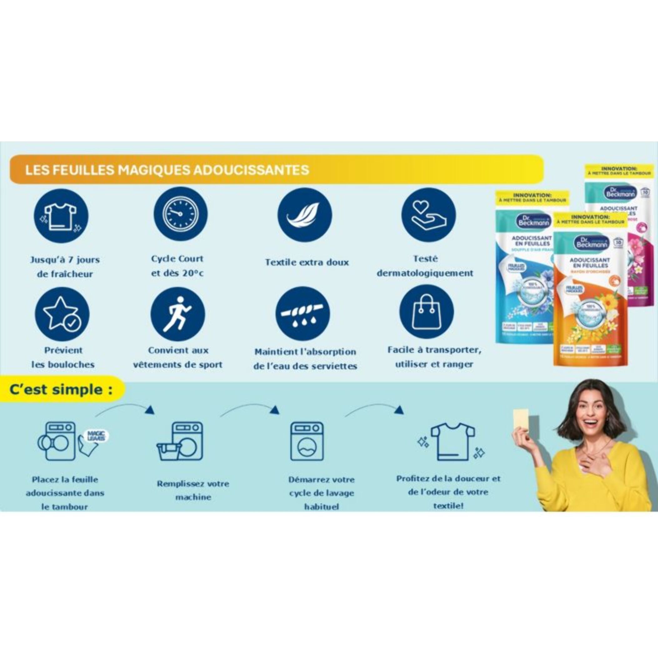Adoucissant DR BECKMANN Feuilles Magiques - Adoucissant en Feuilles - Éclosion de Rose x30 lavages