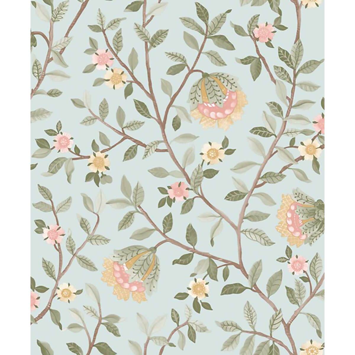 Papier peint fleuri botanique fond bleu glacier