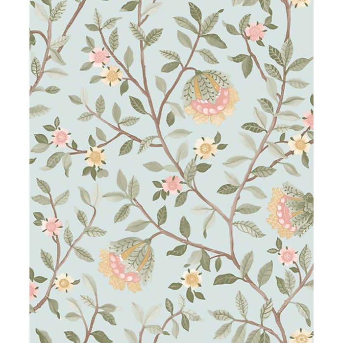 Papier peint fleuri botanique fond bleu glacier