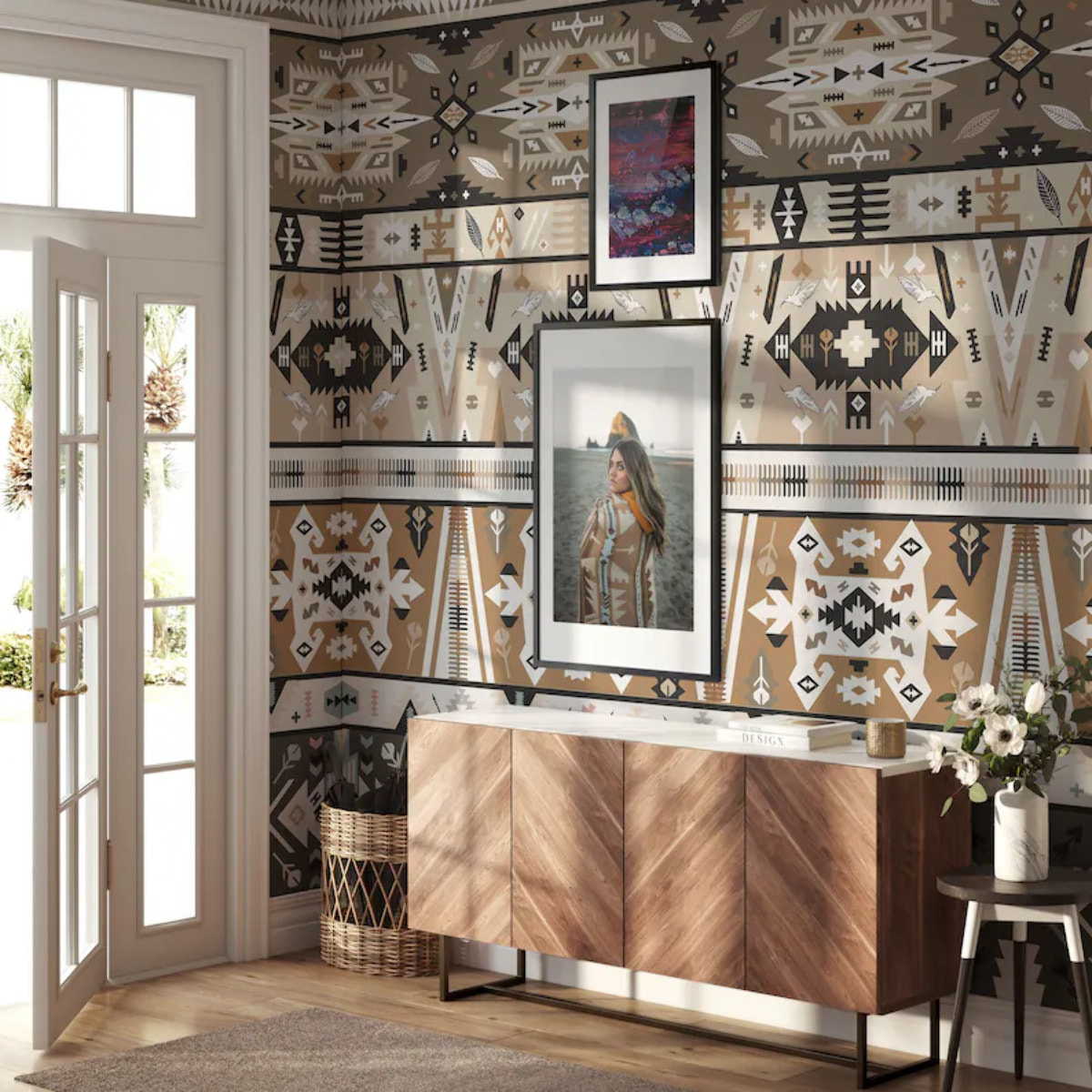 Carta da Parati Azteca Tribale effetto Tappeto Bianca e Nera