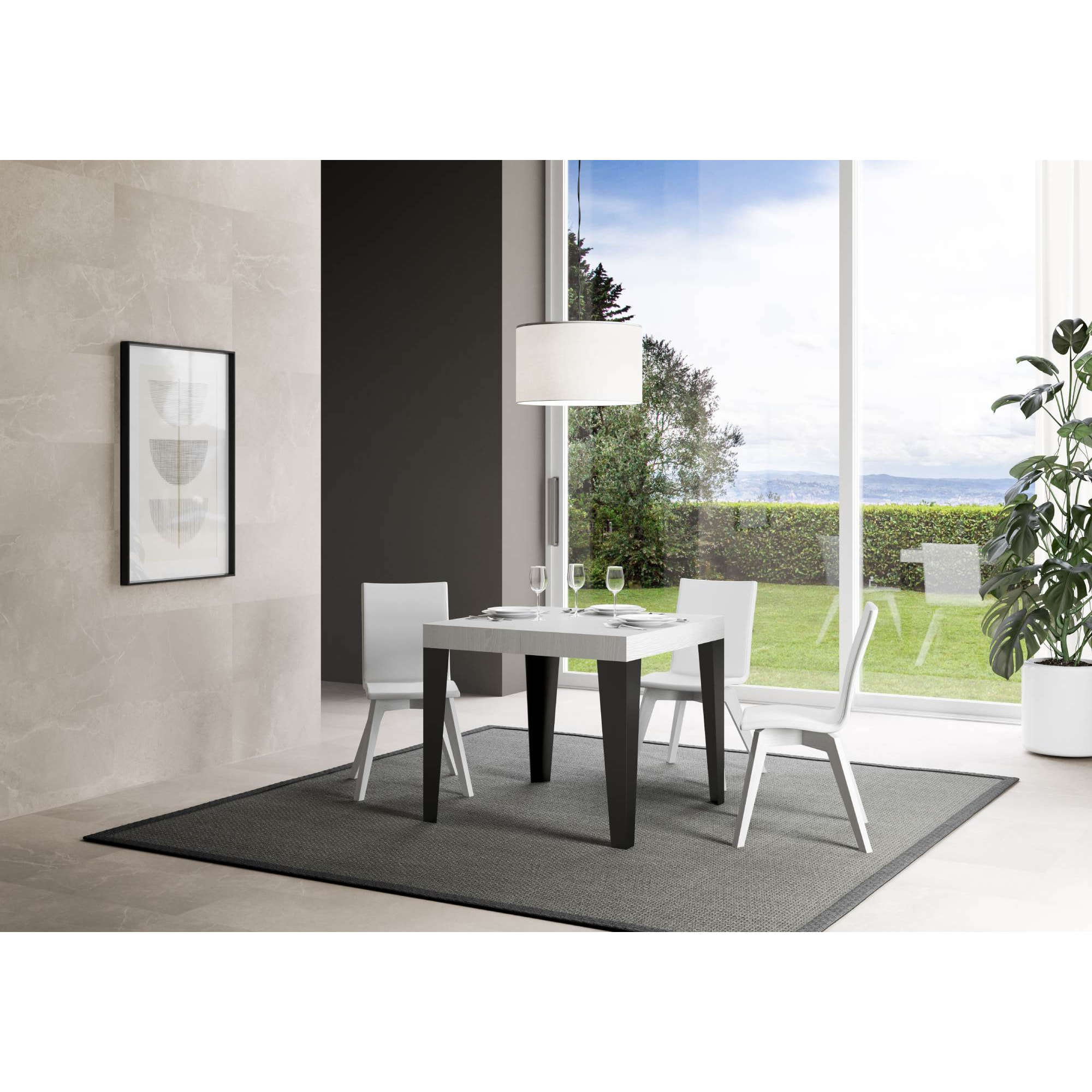 Table Flame Extensible Dessus Frêne Blanc 90x90 Allongée 246 cadre Anthracite