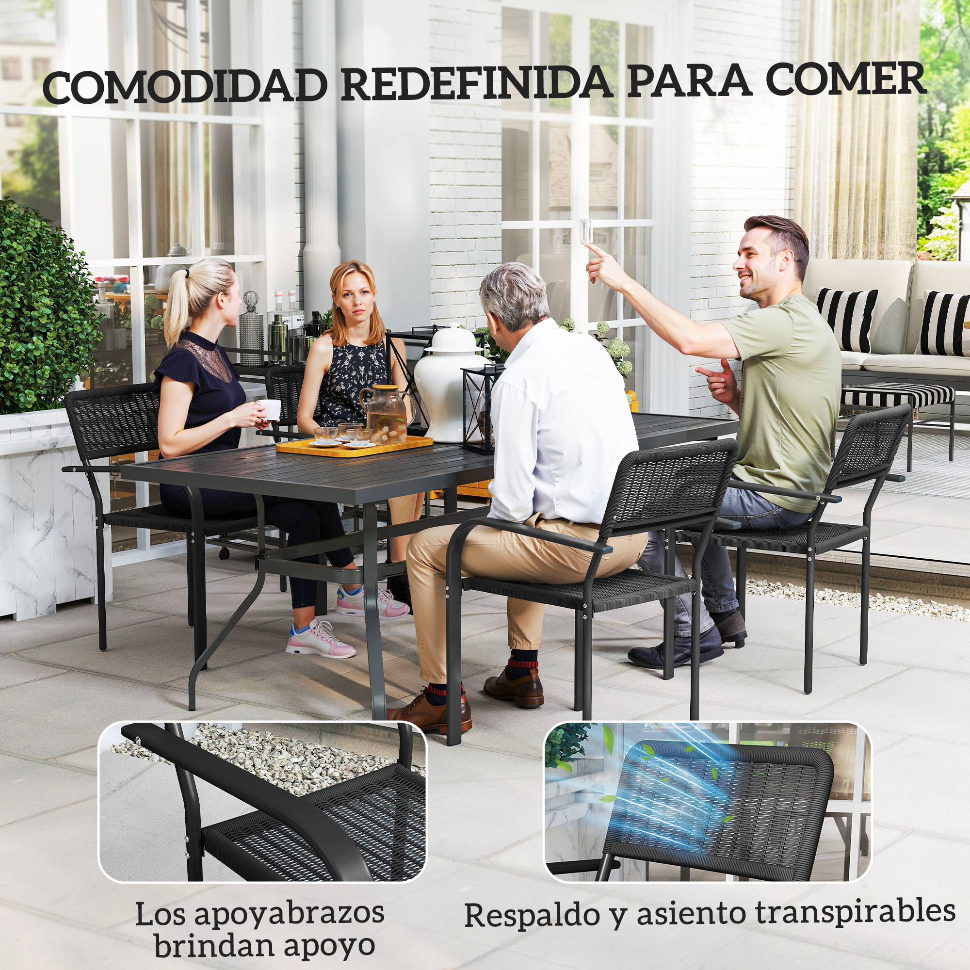 Juego de 4 Sillas de Jardín Exterior Apilables, Sillas de Comedor Exterior Efecto Ratán, con Reposabrazos, Marco de Acero, Resistente a la Intemperie y Ligero, 55x60x83 cm, Negro