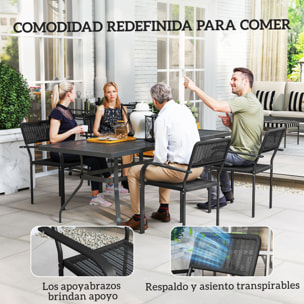 Juego de 4 Sillas de Jardín Exterior Apilables, Sillas de Comedor Exterior Efecto Ratán, con Reposabrazos, Marco de Acero, Resistente a la Intemperie y Ligero, 55x60x83 cm, Negro