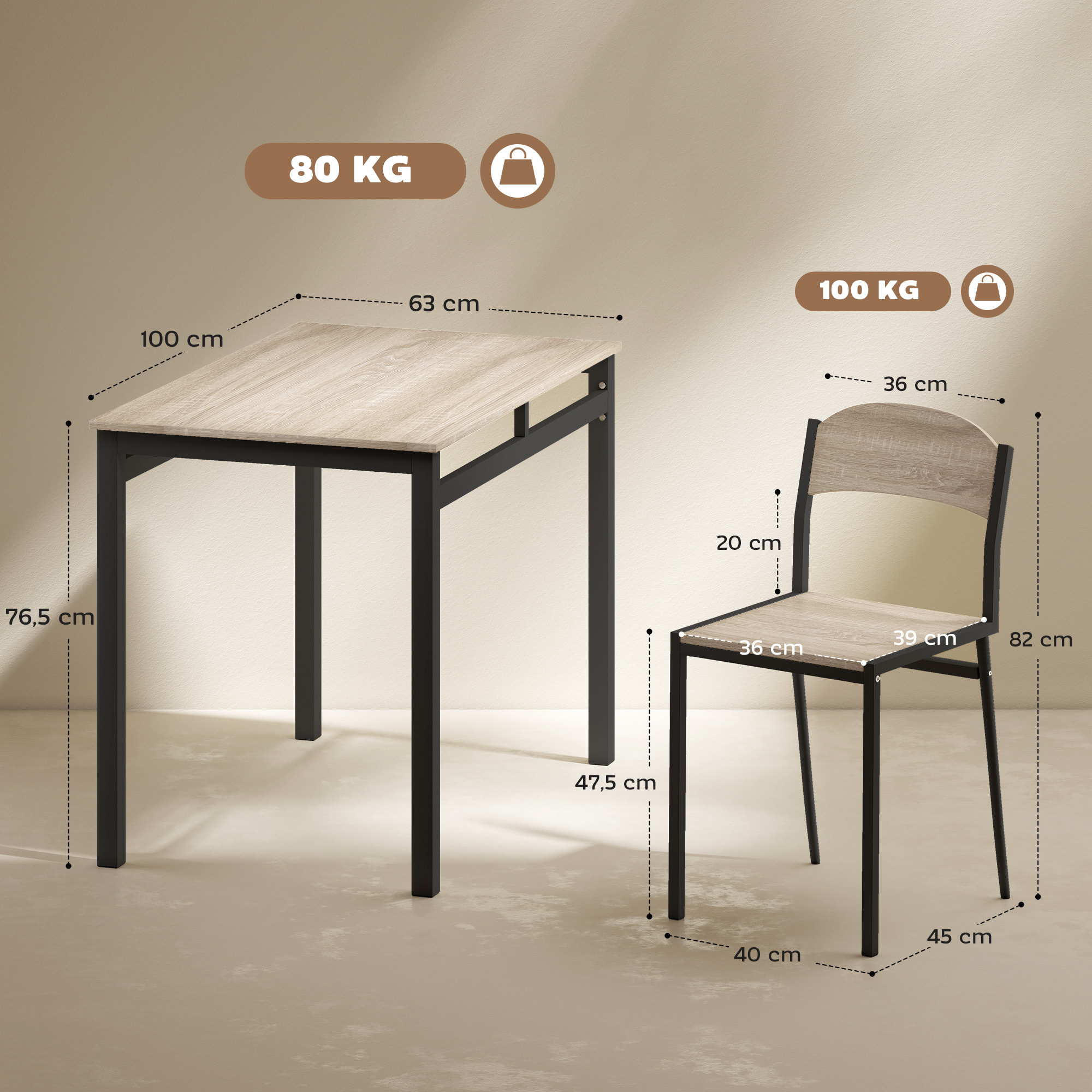 Juego de Mesa y Sillas de Comedor, Mesa de Cocina Rectangular con 4 Sillas, Estilo Moderno, Marco Metálico, para Espacios Pequeños, Salón, Roble y Negro