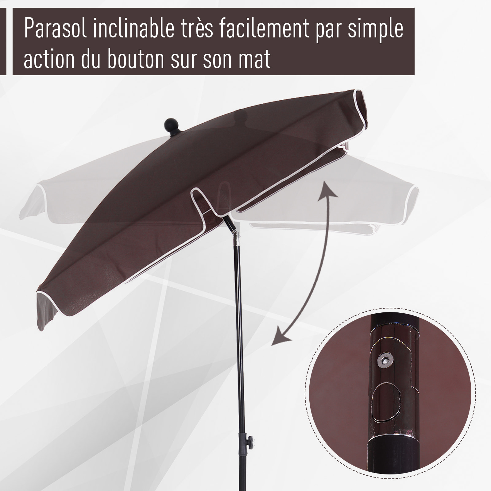 Parasol rectangulaire inclinable alu acier polyester haute densité diamètre 2 m chocolat