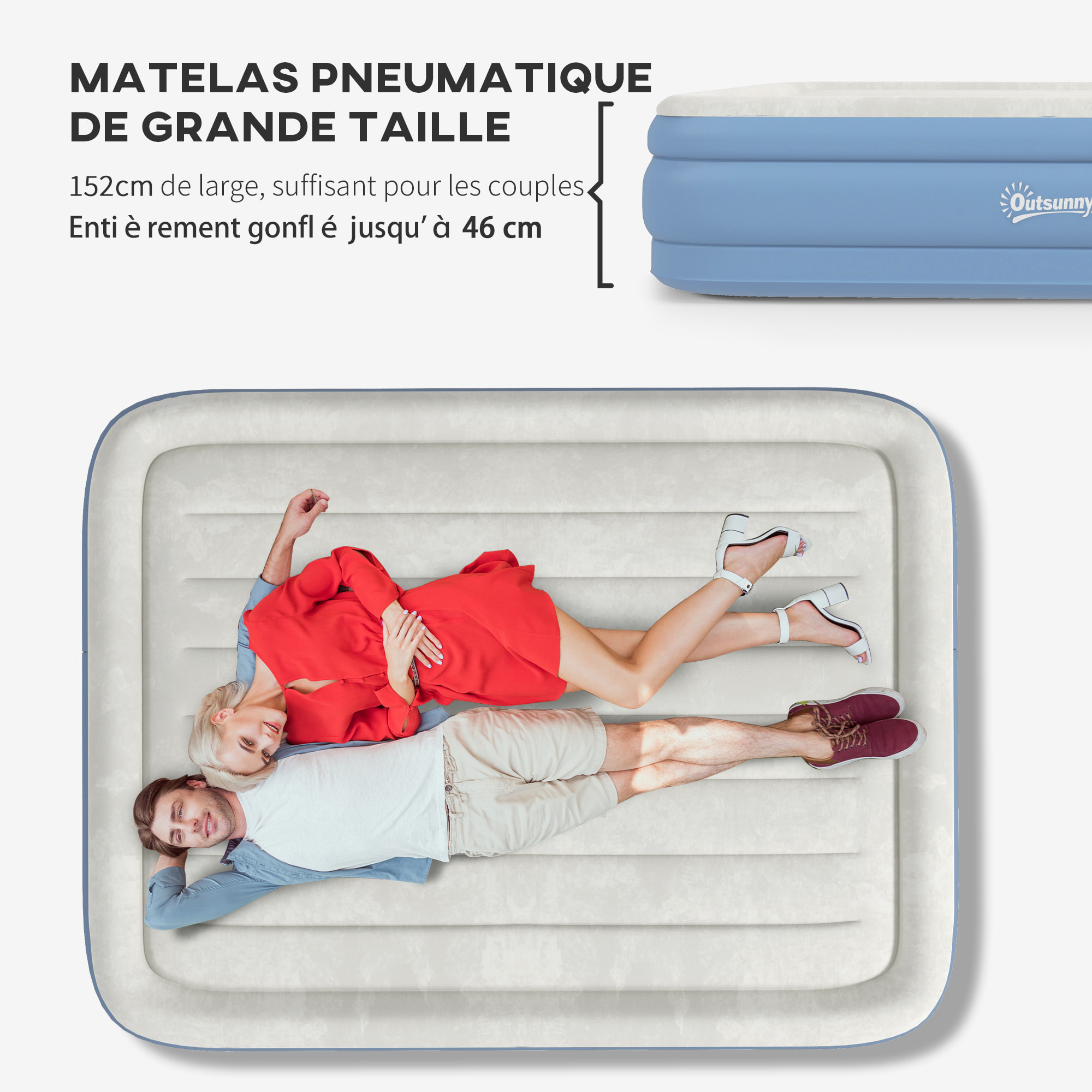 Matelas gonflable 2 places gonfleur électrique intégré sac PVC bleu surface floquée gris clair