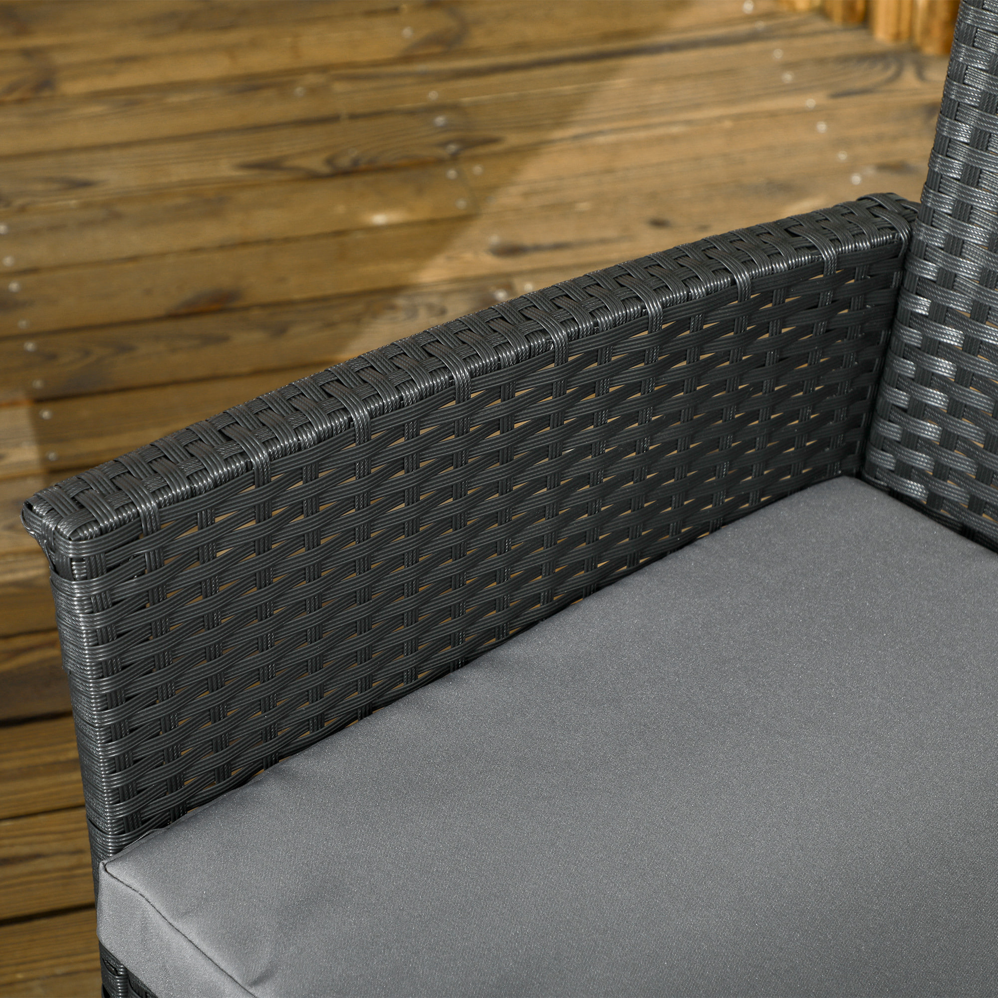 Outsunny Salotto da Esterno Rattan PE con Divanetto, 2 Poltrone con Cuscini e Tavolino in Vetro, Nero e Grigio