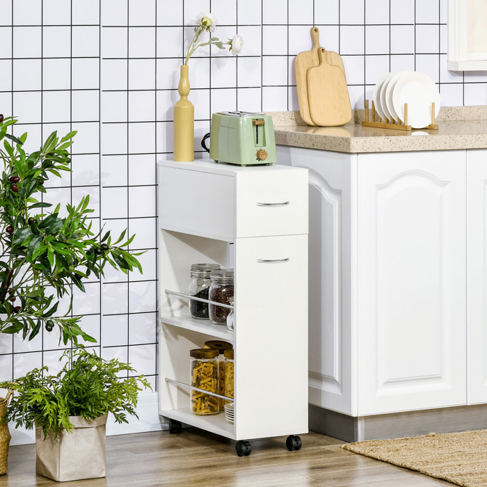 Chariot desserte de cuisine - tiroir, 2 étagères - dim. 25L x 50l x 85H cm - panneaux acier blanc