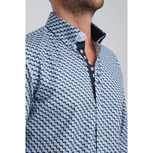 Camicia Uomo 1 Bottoni Button Down Slim Popeline Stretch Stampato Blu/Celeste
